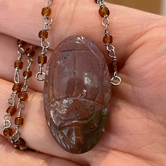 Vintage Jewelry - Carved jasper scarab crystal glass pendant